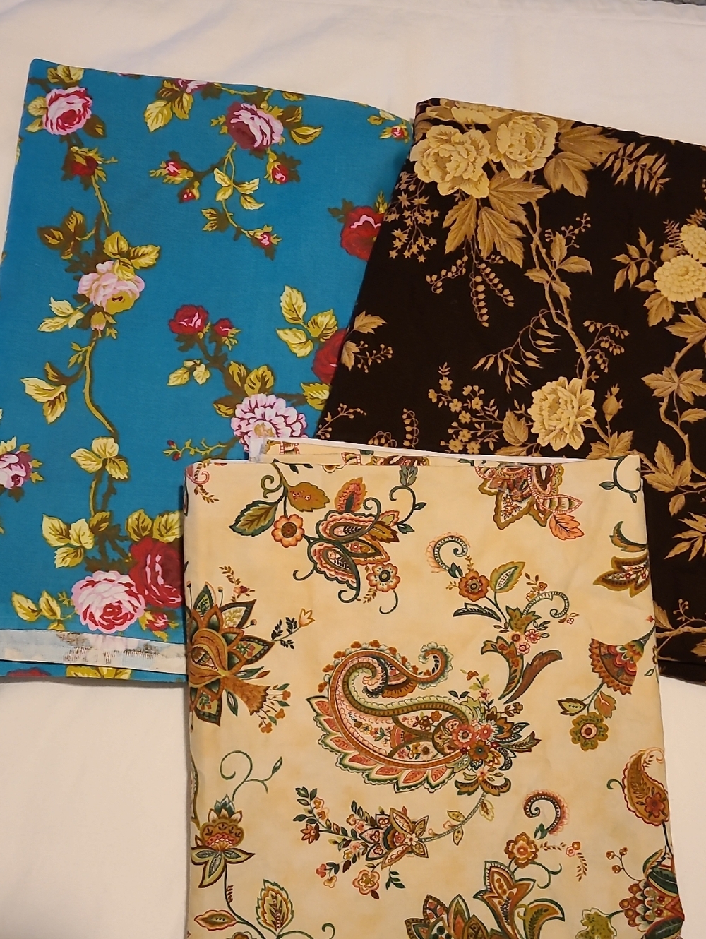 Floral Fabric, Black Teal Cream Flowers, Bundle Of 3 Pieces Sewing Vintage